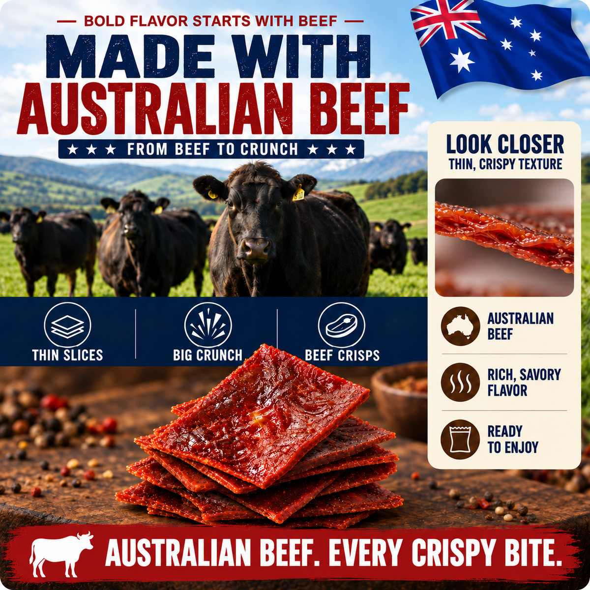 🥩100% Australian Grass-Fed Beef Crisps, Packed with Premium Protein